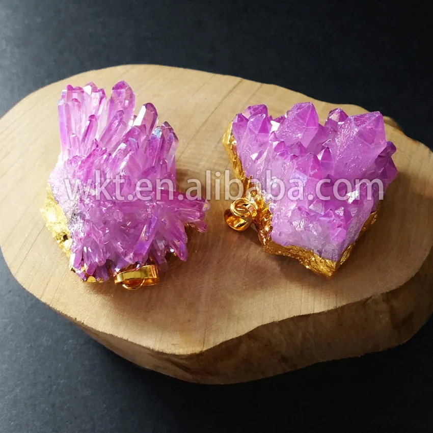 

WT-P605 Wholesale quartz pendant natural raw cluster quartz small randomly purple cluster crystal stone overgild