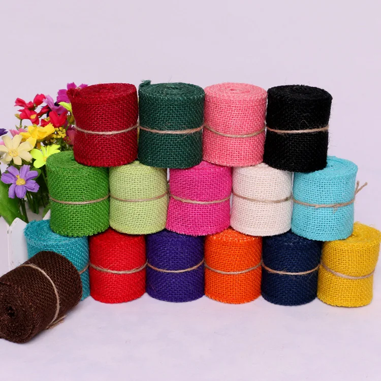 

10pcs/lot 6cm*2m mouticolor jute burlap rolls hessian ribbon with trims tape wedding party decoration DIY wedding burlap flower