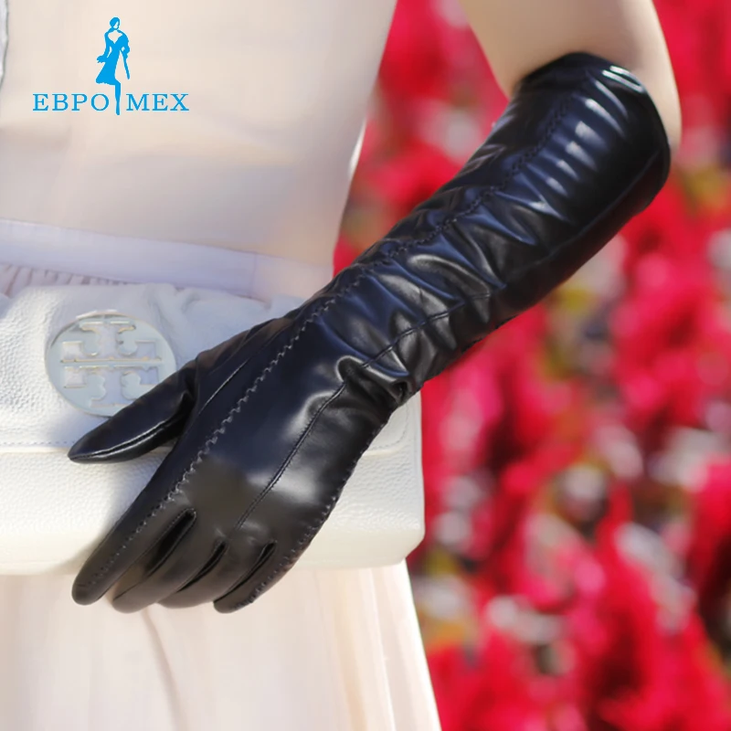 2016 модные женские кожаные перчатки, Натуральная Кожа, Хлопок, Взрослый, Черный, Длина 45-48 СМ, спандекс, кожаные перчатки от AliExpress RU&CIS NEW