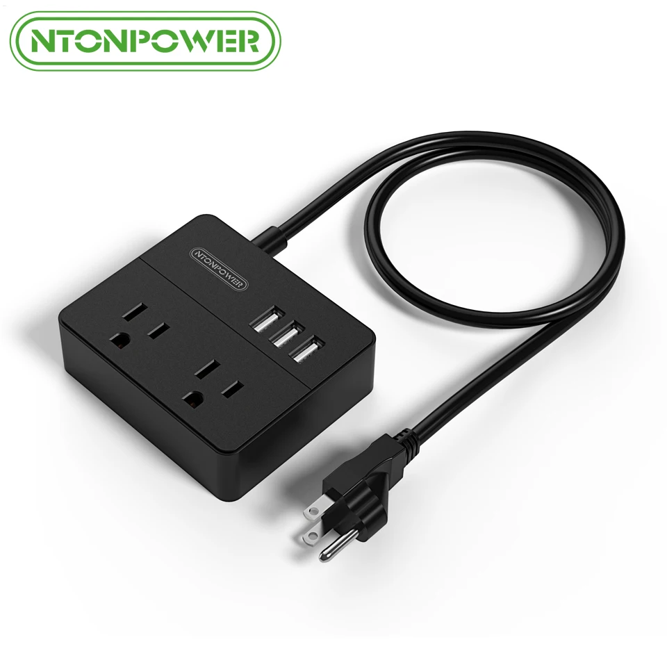 NTON power OSP путешествия US электрическое штепсельное гнездо мини и портативный 2 розетки переменного тока 3 порта usb зарядки с 3 футов/1 м шнур питания - Цвет: Black