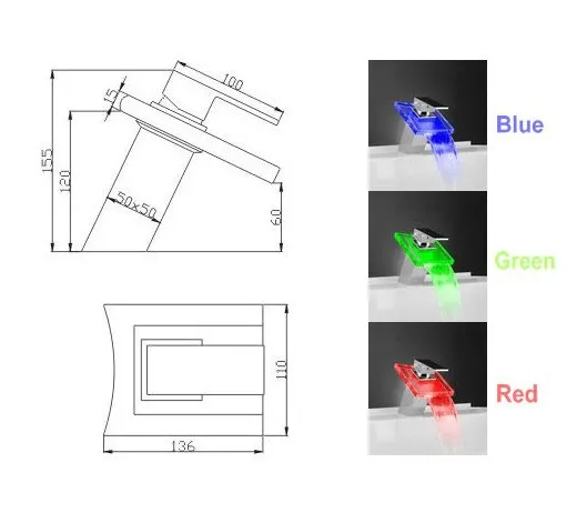 Ванная комната батарея RGB светодиодный светильник раковина смеситель хромированная латунь стекло водопад кран