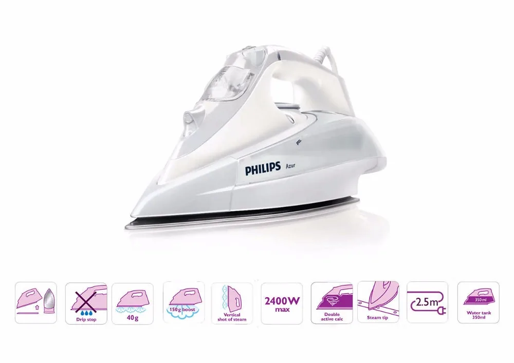Philips Azur Паровой утюг с подошвой SteamGlide Подача пара 40 г/мин паровой удар 150г Подошва