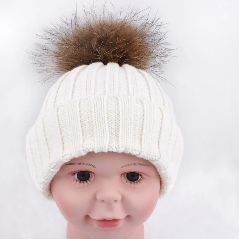 2017 Fashion Baby Hat Winter Raccoon Fur Hats Accessories 100% Real 15cm pompom Beanie Cap Natural For Children | Тематическая