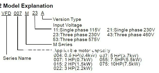 Дельта Инвертор VFD частотно-регулируемый привод 1 фаза 220 В 0,1 кВт 3HP 400~ Гц VFD022M21A для фрезерного и деревообрабатывающего станка