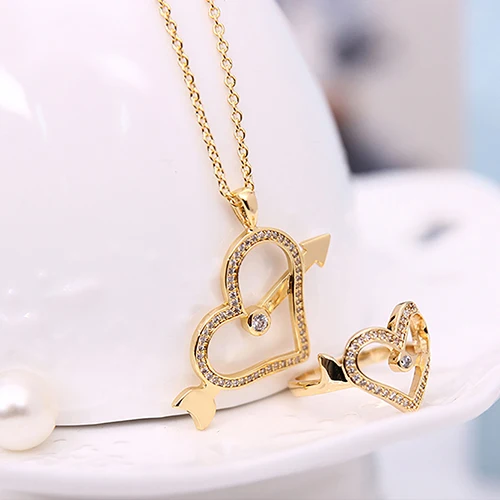 2017 Новый Женский Rhinestone Сердца Ожерелье Стержня Уха Серьги Кольцо Комплект