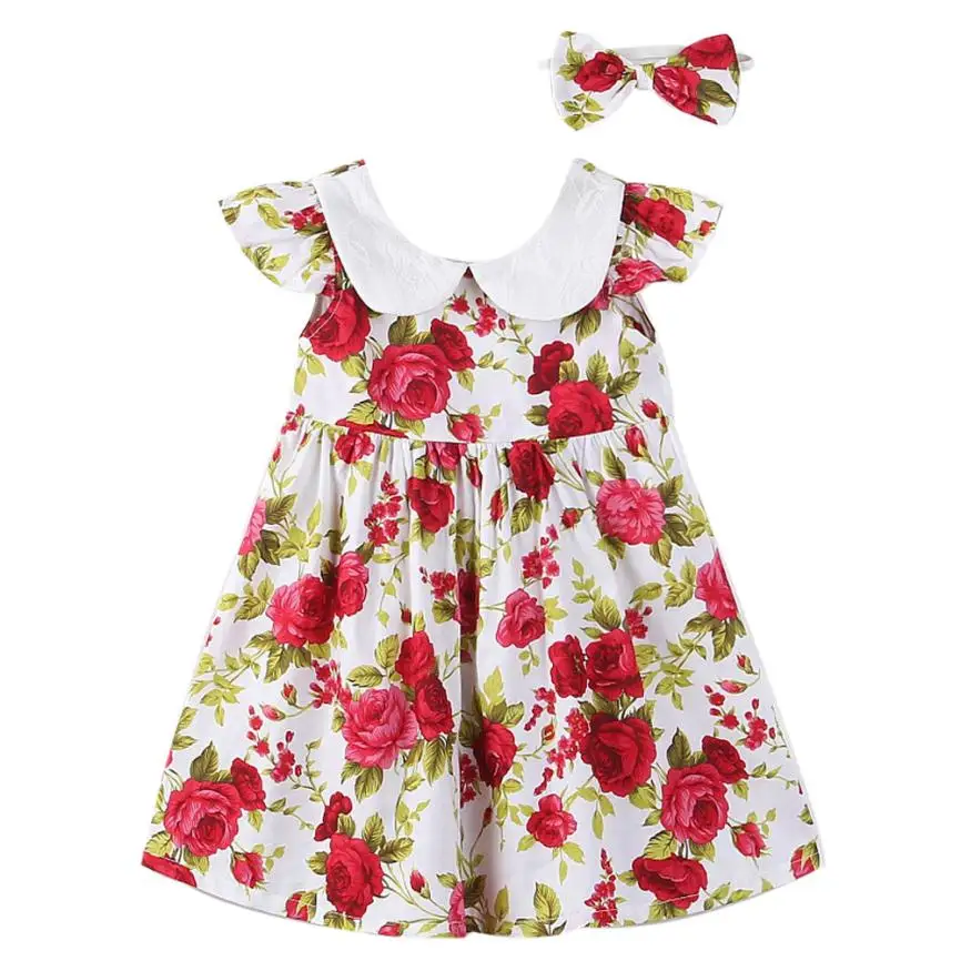 2017 New Trendy Flower baby Girl Summer Dresses Toddler Kids Princess Dress Headband Ruffle Party Floral Clothes Set | Детская одежда и