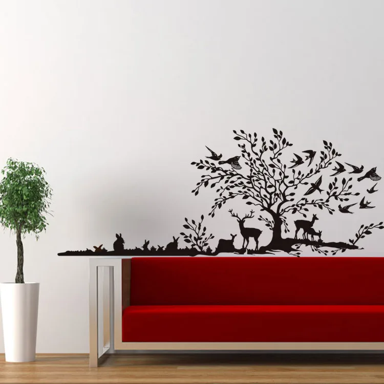Jungo Hand Calligraphic Wall Decal Sticker Scenery of the Tree Birds on Rabbit Deers Playing under Art Mural | Дом и сад