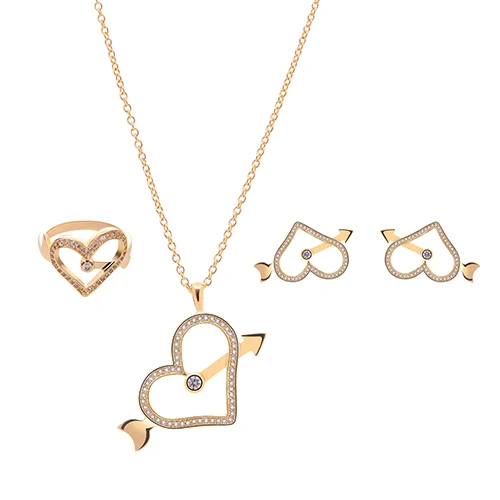 2017 Новый Женский Rhinestone Сердца Ожерелье Стержня Уха Серьги Кольцо Комплект