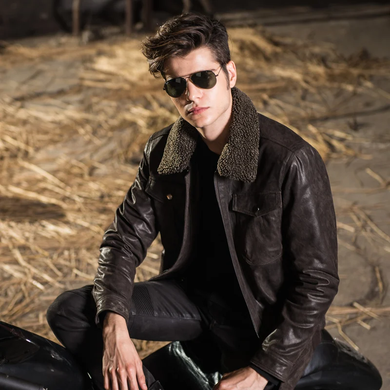 2016 мужская куртка из натуральной кожи свиной кожаная с меховым воротником хлопковые Мотоциклетные