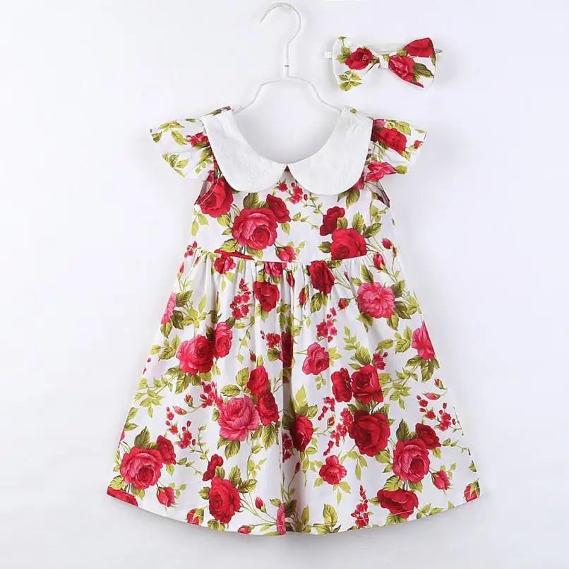 2017 New Trendy Flower baby Girl Summer Dresses Toddler Kids Princess Dress Headband Ruffle Party Floral Clothes Set | Детская одежда и