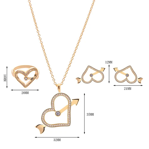 2017 Новый Женский Rhinestone Сердца Ожерелье Стержня Уха Серьги Кольцо Комплект