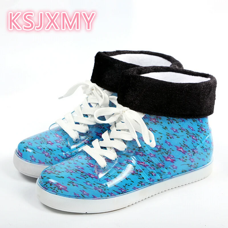 Detachable Lace-Up waterproof ankle Boots Student Non-slip single shoes outdoor women rubber water winter Rain boots | Обувь