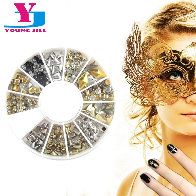 

Hot Metallic Studs Nail Art Decorations 200pcs 12 Style Metallic Rhinestione 3D Nail Decoration Salon Beauty Tools Decor Sticker