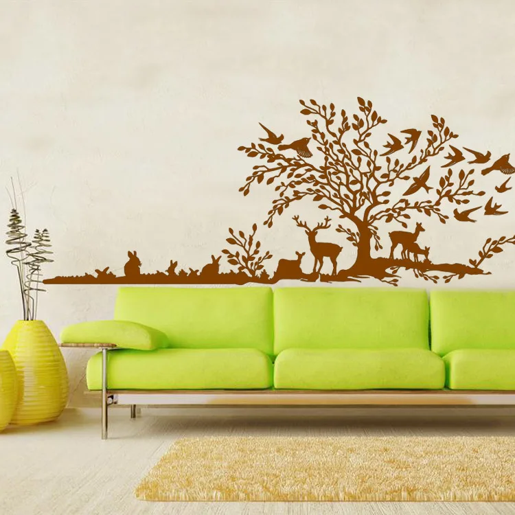 Jungo Hand Calligraphic Wall Decal Sticker Scenery of the Tree Birds on Rabbit Deers Playing under Art Mural | Дом и сад
