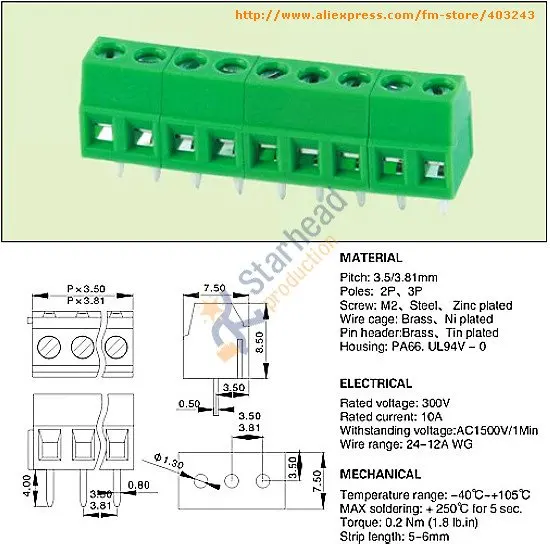 100 шт. KF128 KF128L 3,50 мм или 3,81 мм 2P 3P 300V 10A PCB Универсальный винтовой клеммный блок, высокое качество
