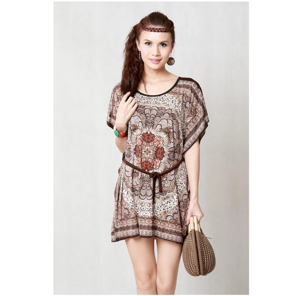 Summer dress 2016 Women's Ethnic style fashion big yards loose large size ice silk Short sleeve Casual women's clothing | Женская