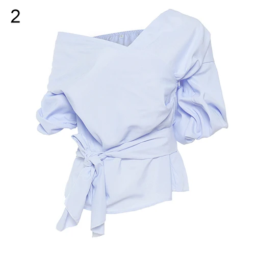 Lady Sexy Off Shoulder Cross V-Neck Bandage Bowknot Puff Sleeve Party Top |