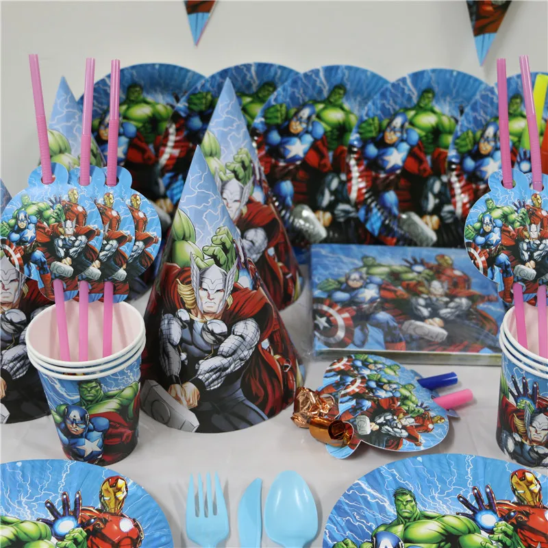 20 person use paper plate cup napkin banner 61pcs/lot kids girl happy birthday party decoration supplies favor cartoon avenger |