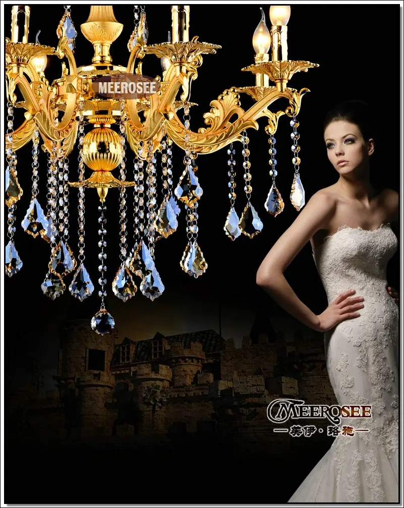 Gold Crystal Chandelier Lighting Fixture 8 Arms Classic Metal Chandelier Crystal Lustre Hanging Lamp for Foyer MD8676 L8