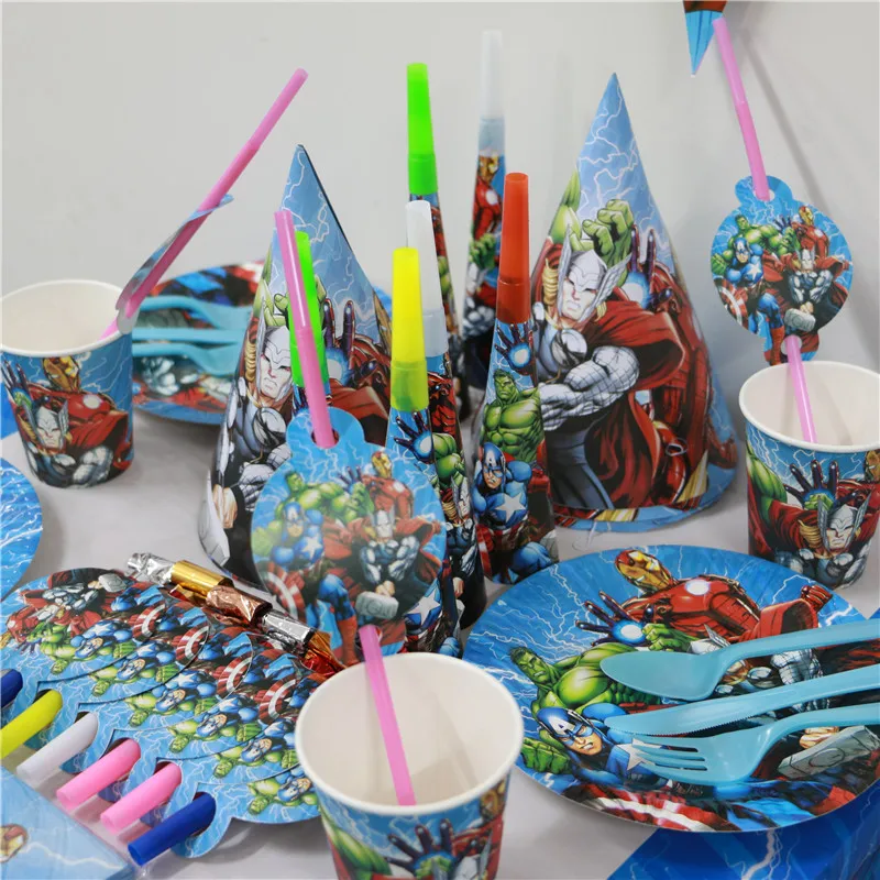 20 person use paper plate cup napkin banner 61pcs/lot kids girl happy birthday party decoration supplies favor cartoon avenger |