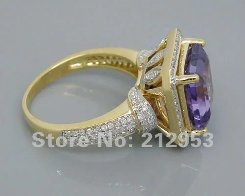 Кольца для женщин Винтаж Принцесса 10 мм 6.22Ct 14Kt Желтое Золото Фиолетовый аметист драгоценный камень бриллианты свадьба обручальное кольцо подарок
