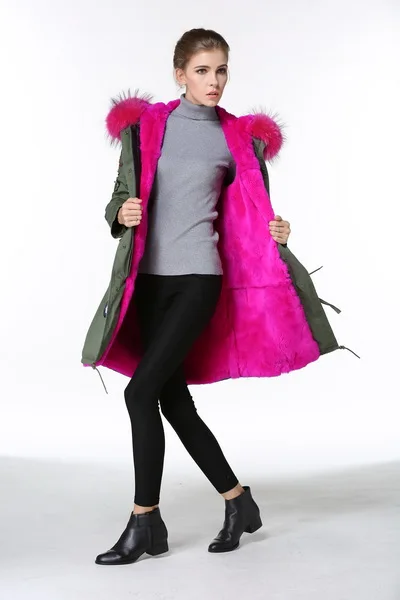 Женская парка с подкладкой из натурального меха Толстая куртка армейского