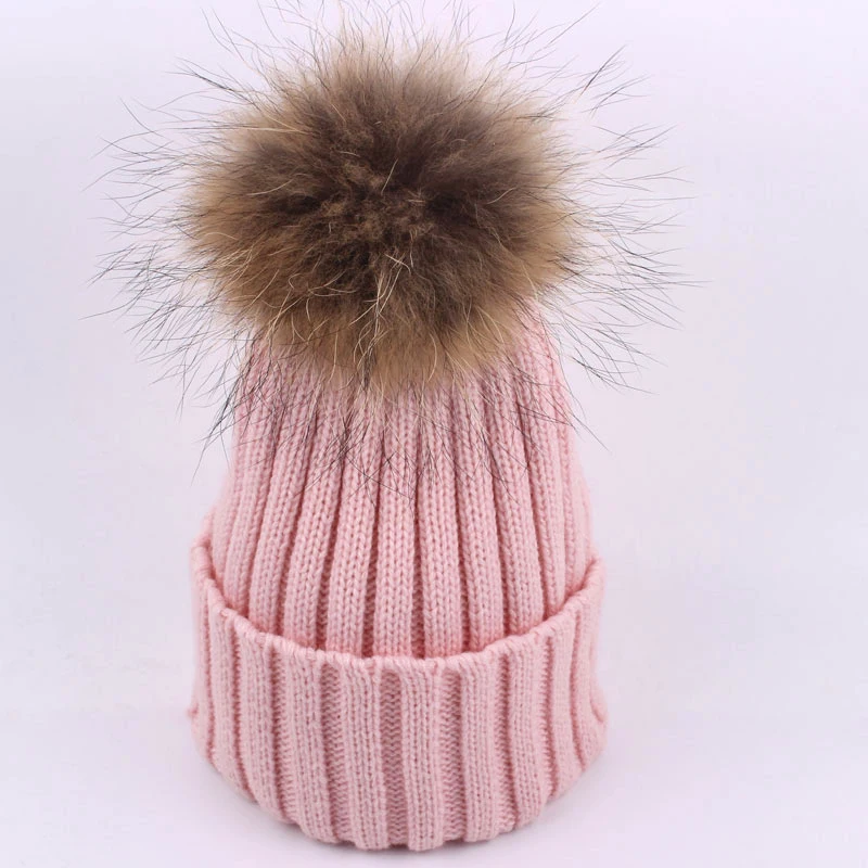 2017 Fashion Baby Hat Winter Raccoon Fur Hats Accessories 100% Real 15cm pompom Beanie Cap Natural For Children | Тематическая