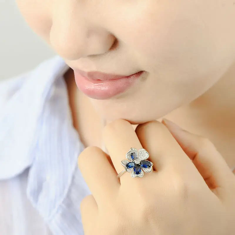 SANTUZZA серебряное кольцо для женщин, очаровательное кольцо с синим цветком, кольца с кубическим цирконием ААА, вечерние ювелирные изделия из чистого 925 пробы серебра