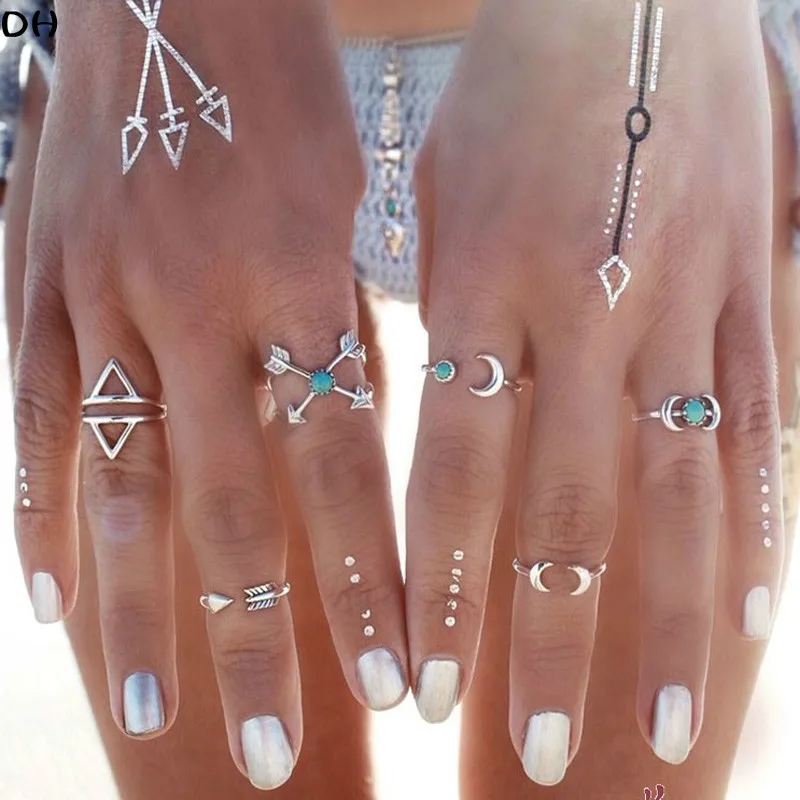 6 шт. новый стиль кольца набор панк луна стрелы кольцо античное серебро Bohomia Midi для