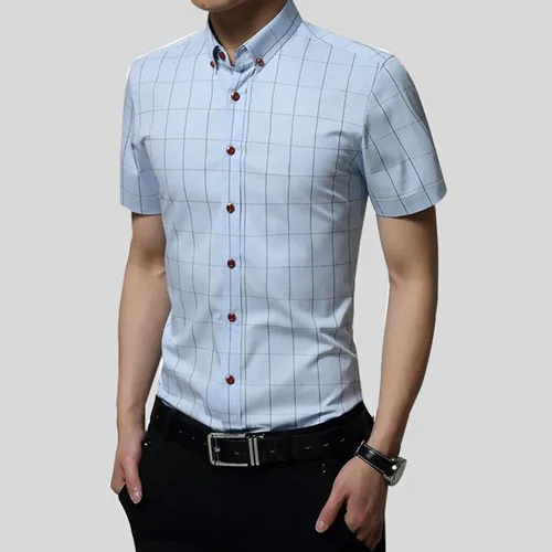 Light blue 1 VISADA JAUNA, летняя деловая повседневная мужская рубашка с коротким рукавом, облегающая, из хлопка, в клетку, Homme Camisas размера плюс, мужская рубашка N202 - Цвет: Light blue 1