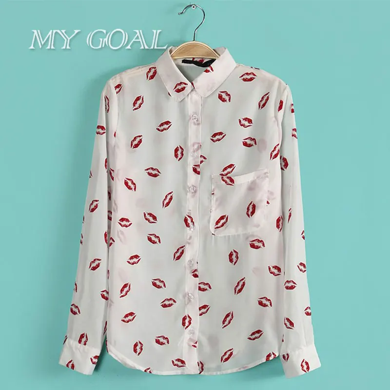 Весна женщин Поцелуи Блузки Красные Губы Печати Шифон Повседневный Дамы Рубашка