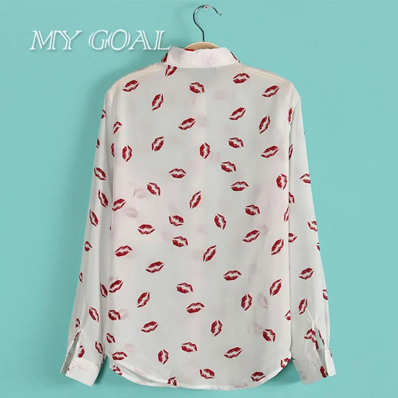 Весна женщин Поцелуи Блузки Красные Губы Печати Шифон Повседневный Дамы Рубашка