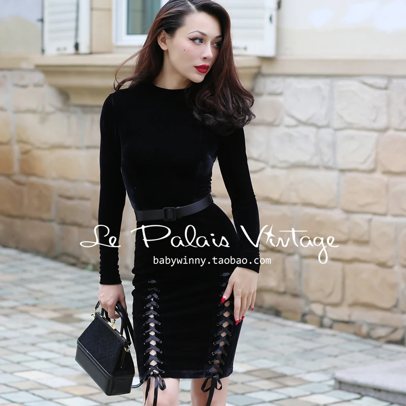 Женское винтажное платье карандаш jurken черное бархатное с Боковым Разрезом 50s|robe