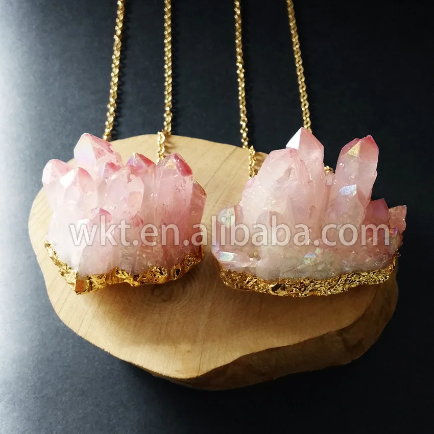 

WT-N533 Wholesale 10pcs raw quartz aura necklace raw rough pink cluster Aura quartz necklace with gold color on edge