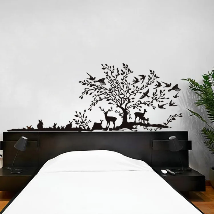 Jungo Hand Calligraphic Wall Decal Sticker Scenery of the Tree Birds on Rabbit Deers Playing under Art Mural | Дом и сад
