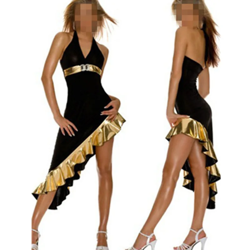 

Сексуальная металлик Стразы Искусственная кожа асимметричное платье Ночная сорочка с лямкой на шее вечерние Клубные Черное длинное платье золото белье "Русалка"