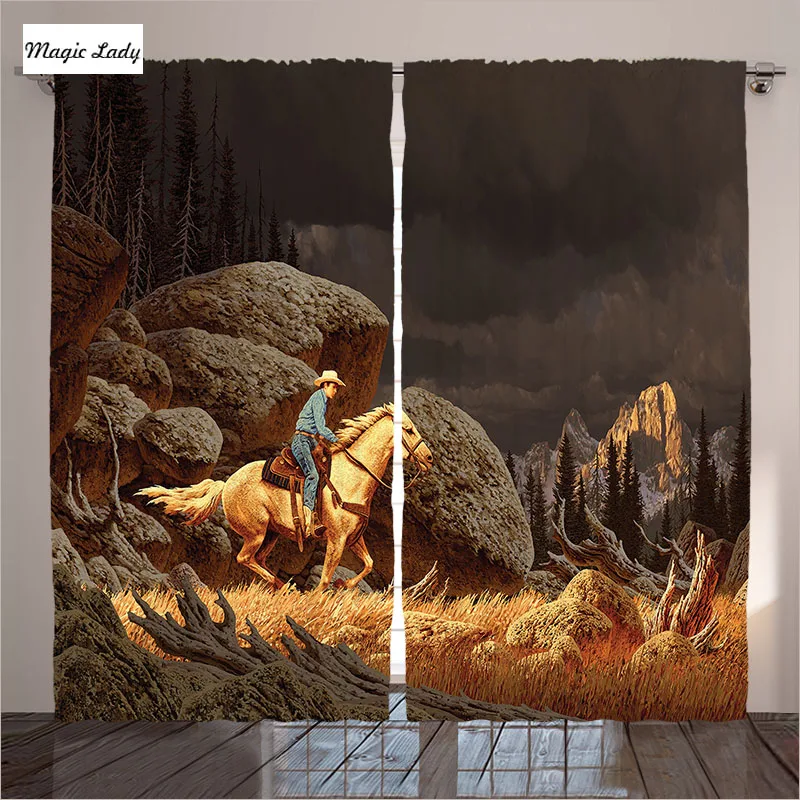 Curtains Blockout Living Room Bedroom Rock Mountain Landscape Cowboy Horse North America Gold GreyMagic Lady|blockout curtains|curtain living