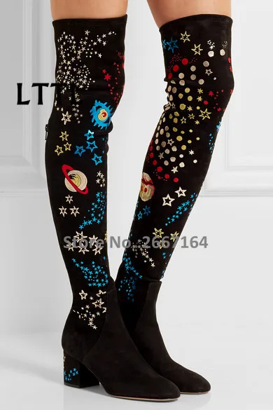 2017 Новая Взлетно-Посадочная Полоса Черный Бедро Высокие Замшевые Сапоги На