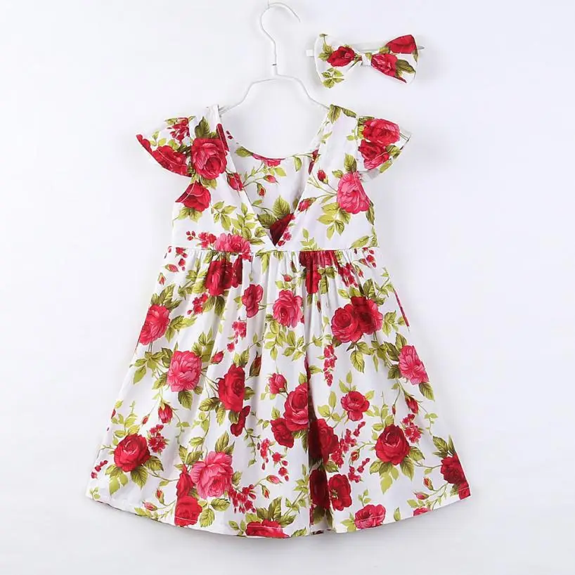 2017 New Trendy Flower baby Girl Summer Dresses Toddler Kids Princess Dress Headband Ruffle Party Floral Clothes Set | Детская одежда и