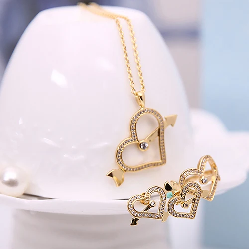 2017 Новый Женский Rhinestone Сердца Ожерелье Стержня Уха Серьги Кольцо Комплект