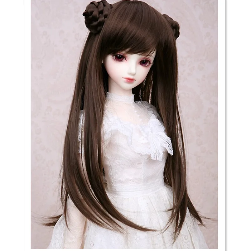 light coffee color 17,5-19 см) 1/4 BJD парик ретро длинные волосы прямые парики с 2 булочками кукла аксессуары, 1/4 BJD кукла синтетические волосы для куклы игрушки - Цвет: light coffee color