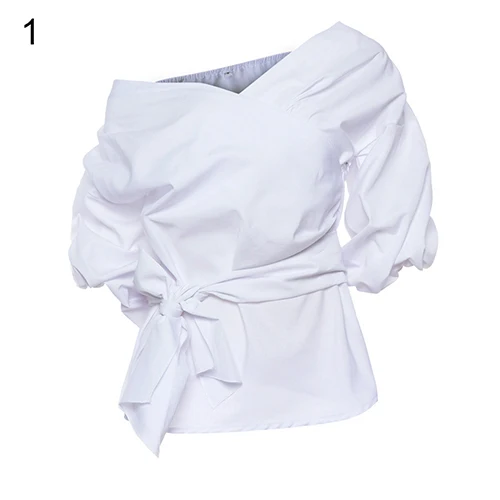 Lady Sexy Off Shoulder Cross V-Neck Bandage Bowknot Puff Sleeve Party Top |