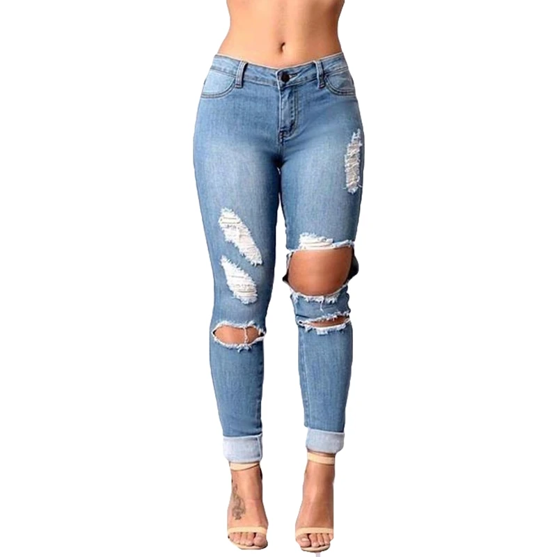 PADAUNGY New Women's Jeans Ripped High Waist Jean Trousers Plus Size Women Jeggings S-XXL Hole Denim Pants Slim Pantalon Femme |