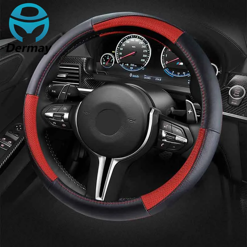 CAR GENUINE LEATHER STEERNG WHEEL COVER Red Black Beige Gray Orange Universal 38cm Anti-slip For Skoda Octavia Ford Focus Passat |