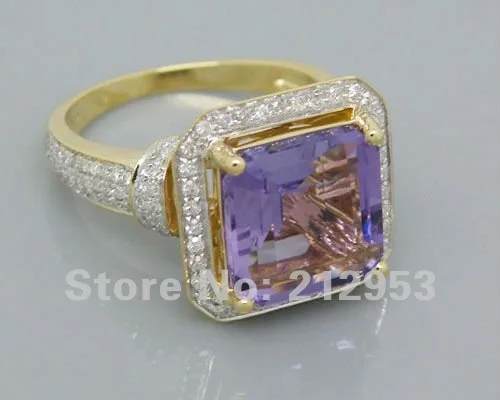 Кольца для женщин Винтаж Принцесса 10 мм 6.22Ct 14Kt Желтое Золото Фиолетовый аметист драгоценный камень бриллианты свадьба обручальное кольцо подарок