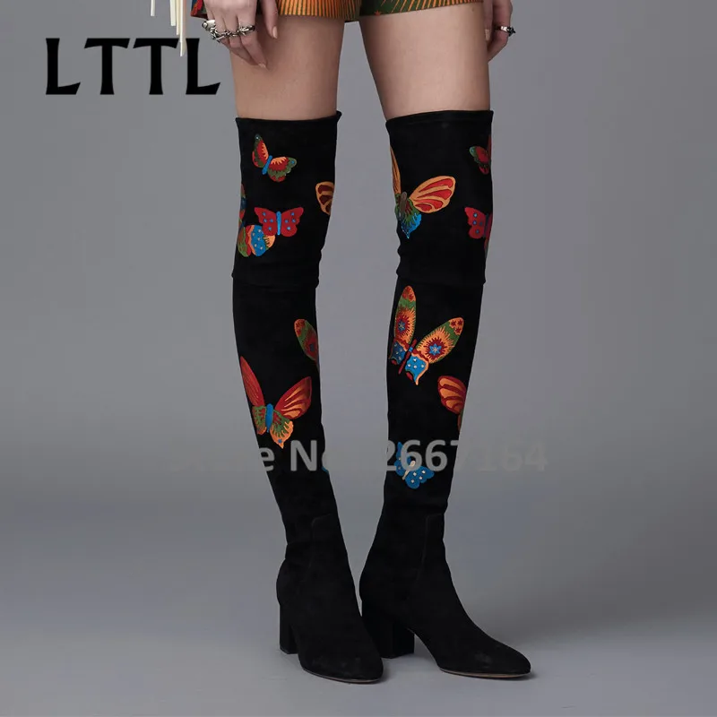 2017 Новая Взлетно-Посадочная Полоса Черный Бедро Высокие Замшевые Сапоги На