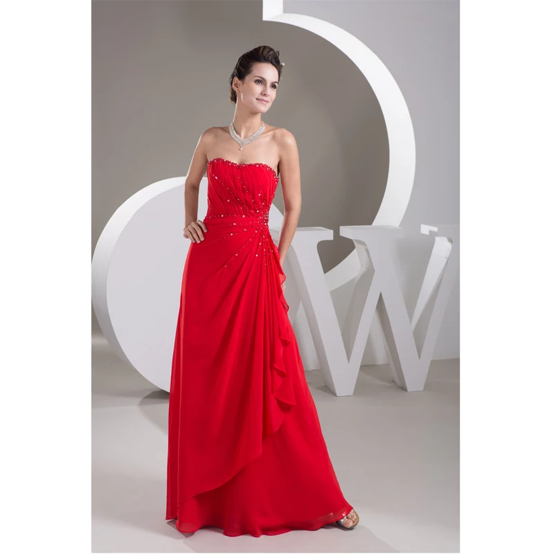 На заказ Vestidos De Noche Красный шифон Бисероплетение шаблон оборками Длинное