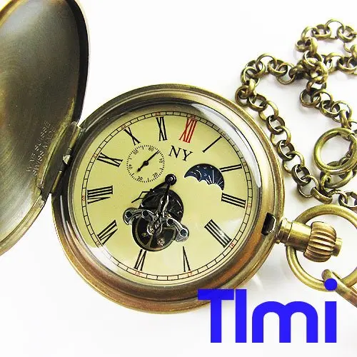 Старый! Латунные антикварные Механические карманные часы Moonphase