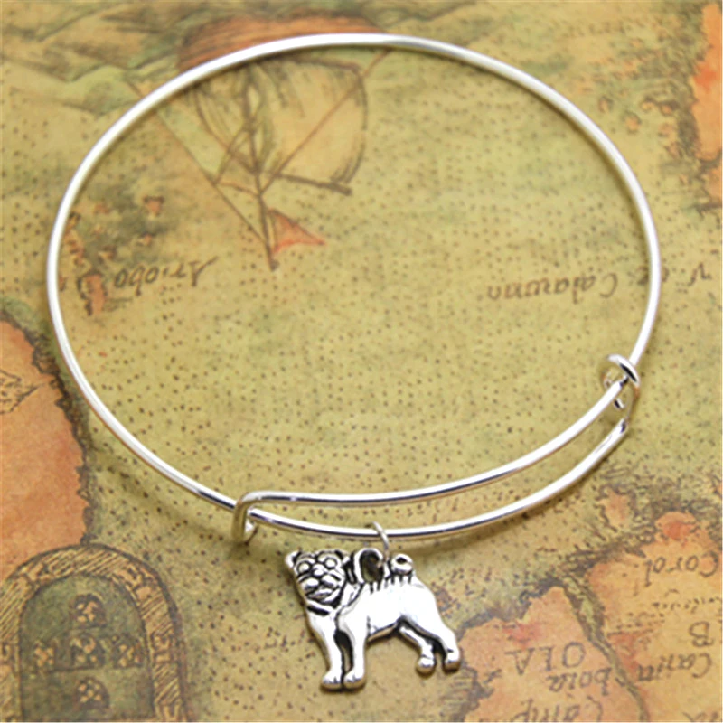 

12pcs/lot Pug Bracelets Charm bangles adjustable Jewelry pug lover dog lover Pug Charm silver tone