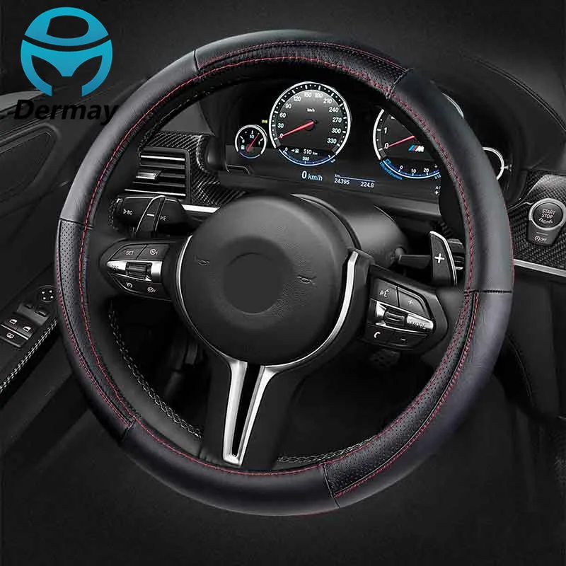 CAR GENUINE LEATHER STEERNG WHEEL COVER Red Black Beige Gray Orange Universal 38cm Anti-slip For Skoda Octavia Ford Focus Passat |